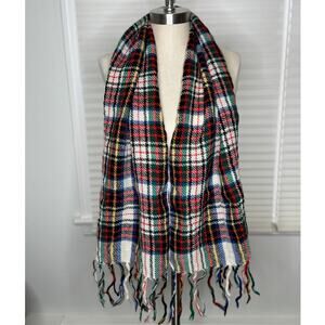 Vintage Plaid Scarf With Fringe, Primary Colors, Winter Scarf, Holiday